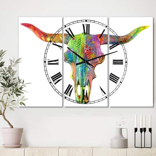 Designart Longhorn Rainbow Skull Oversized Modern 3 Panel Wall Clock